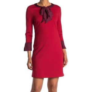 Boden Josie Red & Maroon Purple Bow Detail Tie Neck Ponte Knit Sheath Dress - 4